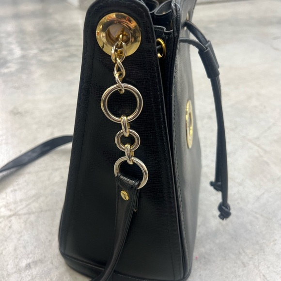 Small Black Crossbody Bag with Gold Accents and Drawstring Closure - Picture 7 of 13